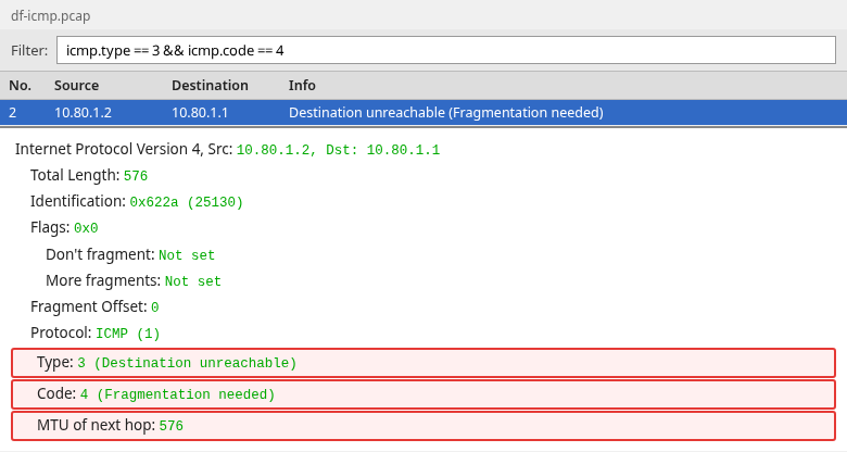 ICMP Destination Unreachable code 4 with next-hop MTU 576
