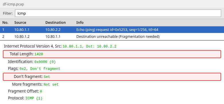 ICMP echo of 1428 bytes with Don't Fragment set and fragment offset 0