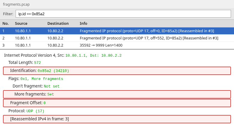 Wireshark frame 1 with Identification 0x85a2, More Fragments set, and fragment offset 0