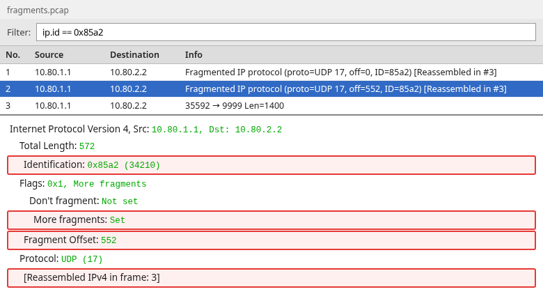 Wireshark frame 2 with the same Identification, More Fragments set, and fragment offset 552