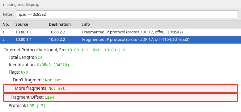 Two fragments of Identification 0x85a2 at offsets 0 and 1104, with no reassembly tree