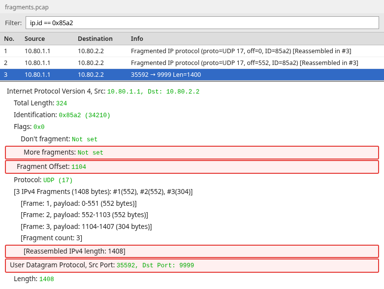 Wireshark frame 3 with More Fragments clear, offset 1104, and the reassembled UDP datagram