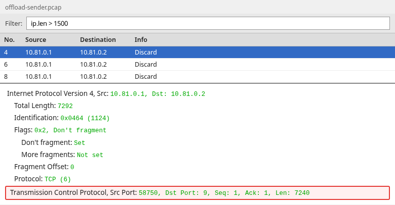 TCP packet with IPv4 length 7292, Don't Fragment set, and fragment offset 0