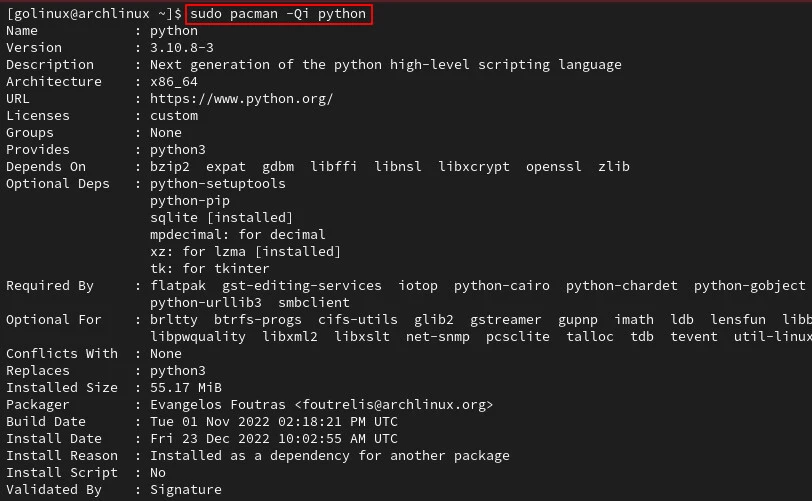 pacman command to display package details
