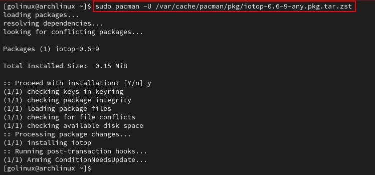 pacman command to install from package file