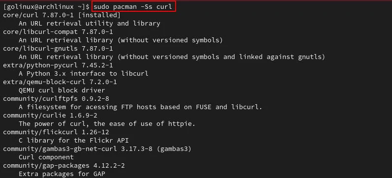 pacman command to search for packages
