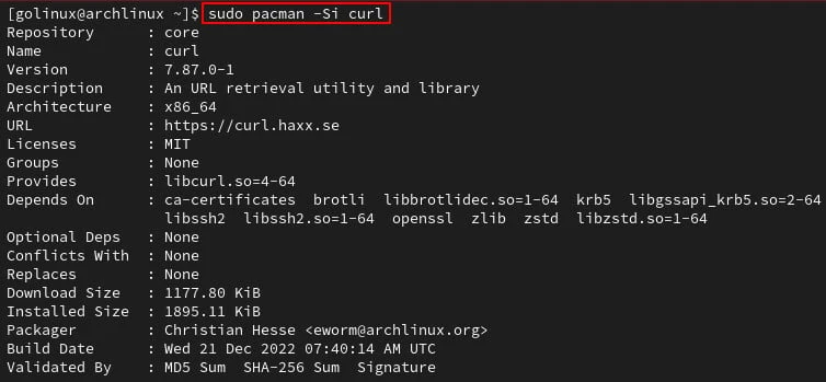 pacman command to show package details