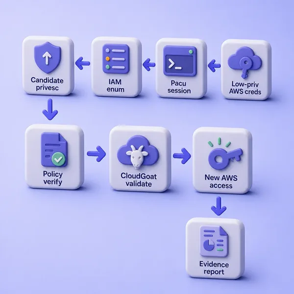 Pacu IAM escalation workflow from low-priv credentials through enumeration, policy verification, CloudGoat validation, and evidence