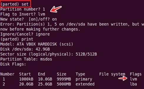 parted command to change the flags of partition