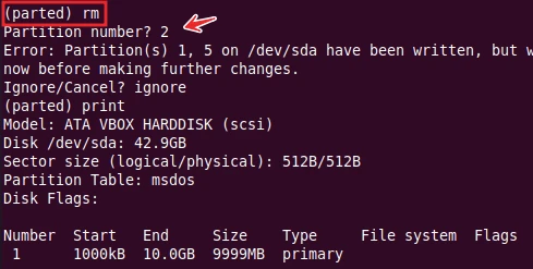 parted command to delete a partition