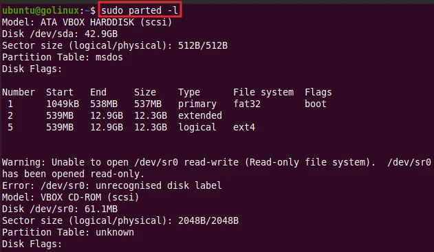 parted command to list partition layout on all block devices