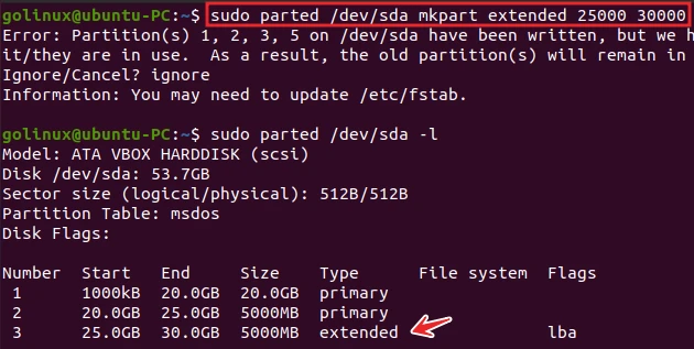 parted command to create a logical partition