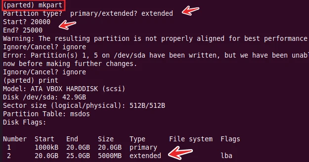 parted command to create logical partition