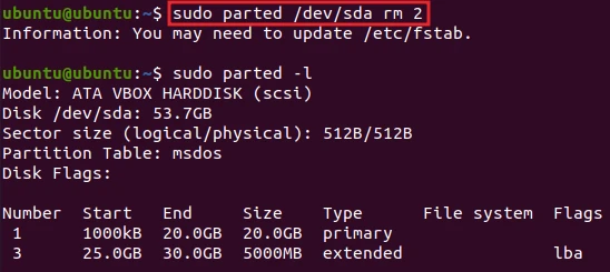 parted command to remove partition