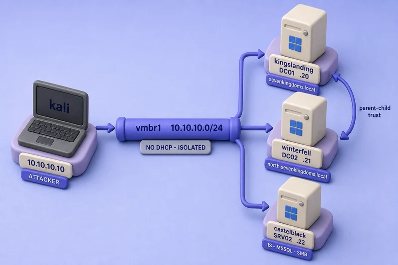 GOAD-Light topology on Proxmox showing a Kali attacker on the isolated vmbr1 bridge connected to three Windows Server nodes, kingslanding and winterfell as parent and child domain controllers and castelblack as an IIS and MSSQL member server