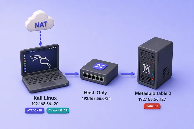 Pentest lab topology showing a Kali attacker VM with NAT and host-only adapters and DVWA running inside it, connected over the 192.168.56.0/24 host-only segment to a Metasploitable 2 target