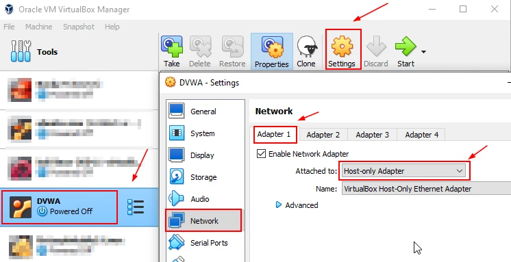 DVWA VM host-only network adapter