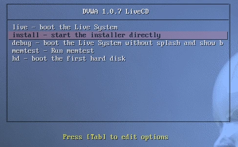 DVWA installer boot menu