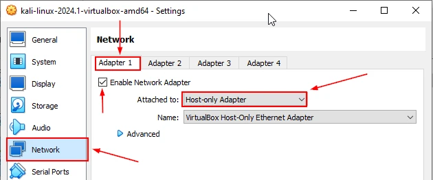 Kali VM host-only adapter on Adapter 1