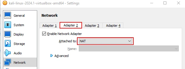 Kali VM NAT adapter on Adapter 2