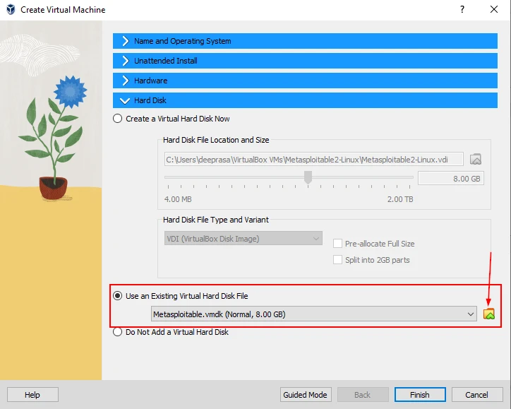 Attach existing Metasploitable VMDK to the VM