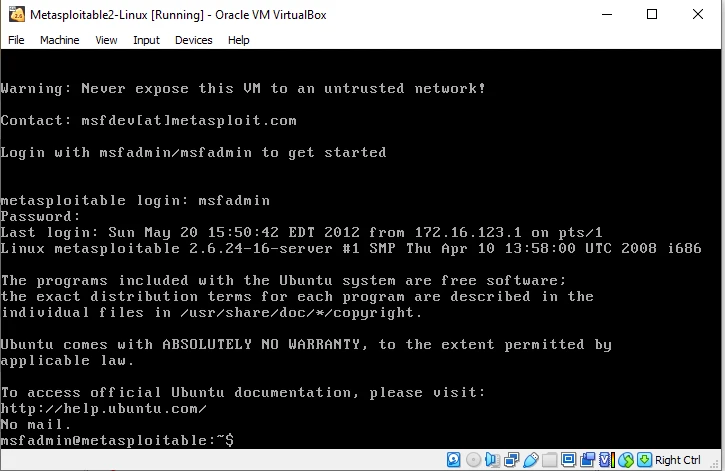 Metasploitable 2 console after login