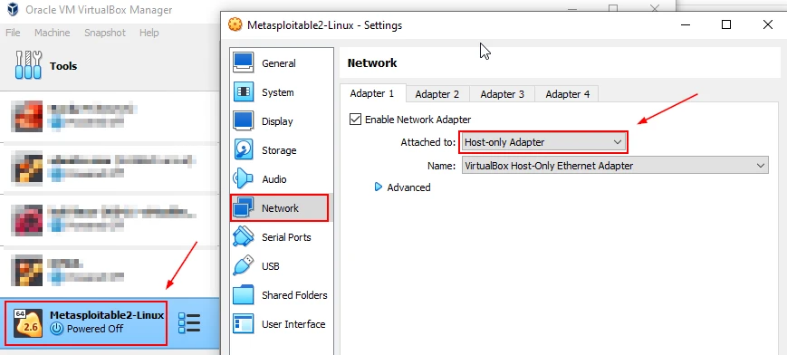 Metasploitable VM host-only network adapter