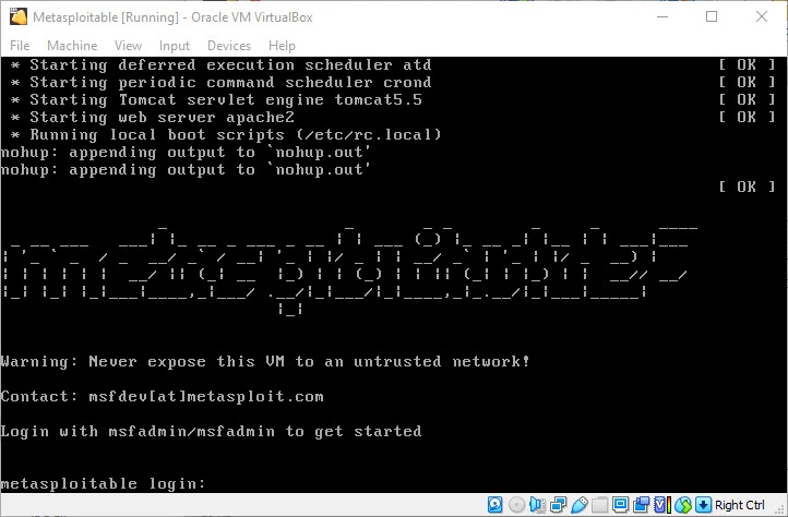 Metasploitable 2 login prompt