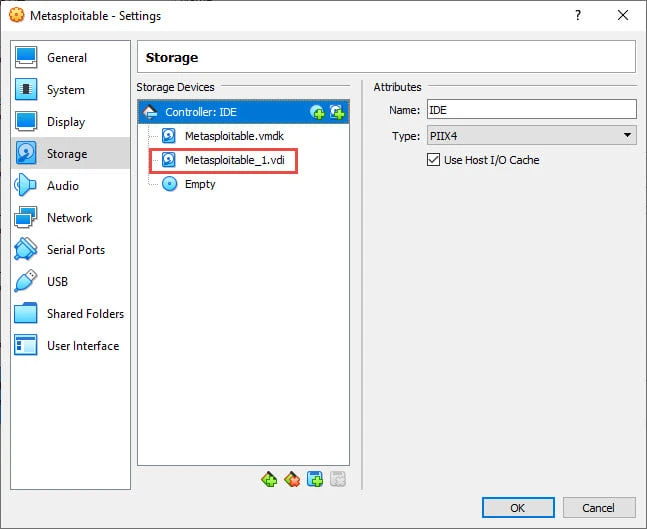 Add virtual disk in Metasploitable VM storage settings