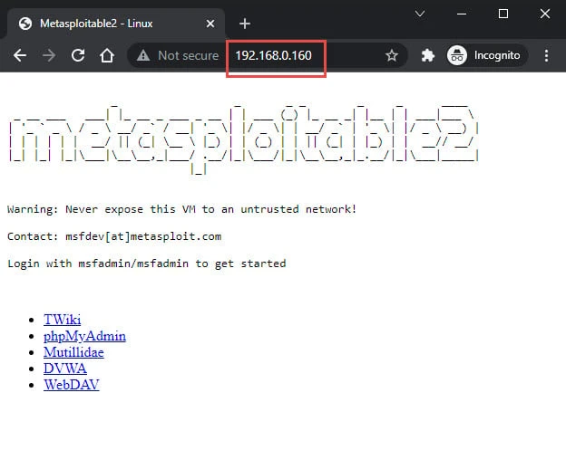 Metasploitable web application menu in browser