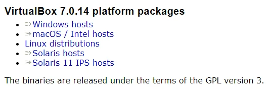 VirtualBox download page on Windows host