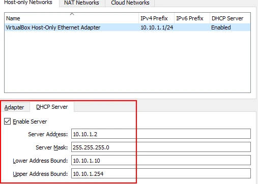 Host-only DHCP server settings