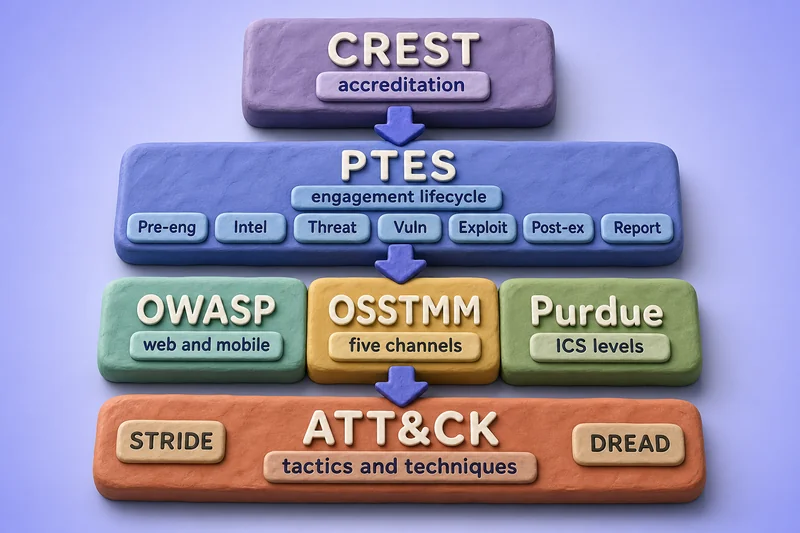 How pentest methodologies stack: PTES as the engagement backbone with OWASP, OSSTMM, Purdue, ATT&CK, and CREST as supporting layers