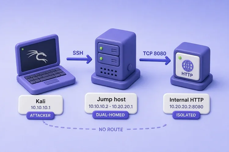 Lab topology: Kali to dual-homed jump over SSH, jump to isolated internal HTTP, no direct Kali route