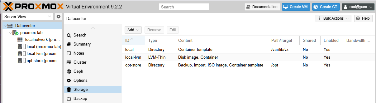 Proxmox Datacenter Storage view showing local, local-lvm, and opt-store with ISO content on /opt