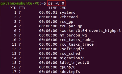 ps command to list processes by real user id or name