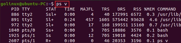 ps command to display virtual memory format