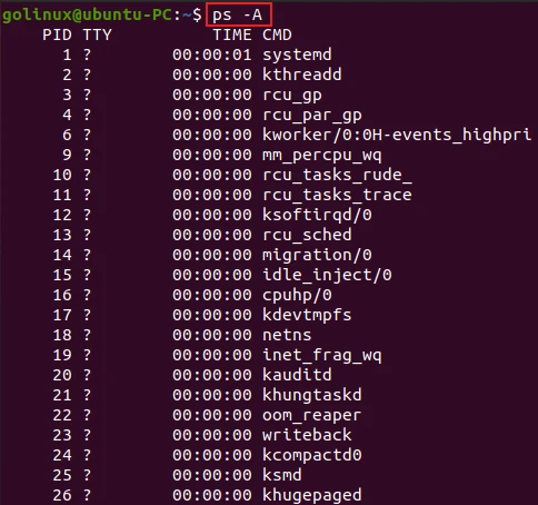 ps command to list all processes