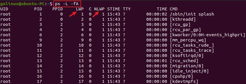 ps command to show threads with lwp and nlwp