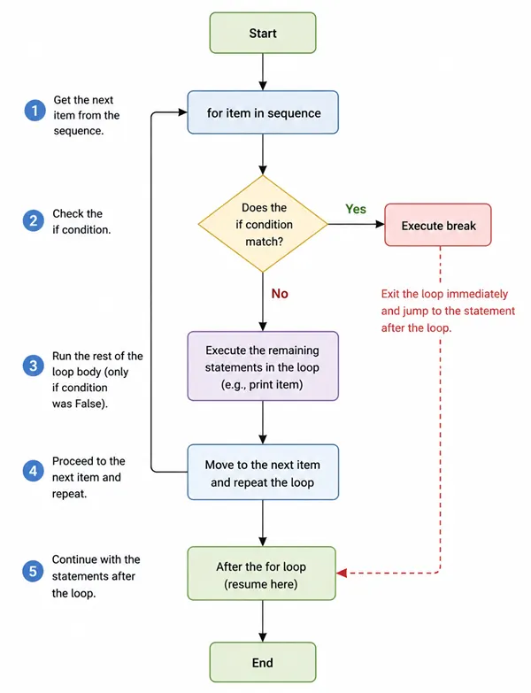 Flowchart: Start, For loop begins, next item from iterable, Loop body executes, diamond Break condition met with Yes on red break arrow to Exit loop and No returning to next item until iterable exhausted, Exit loop to End.