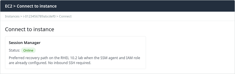 EC2 Connect panel showing Session Manager online on the RHEL 10.2 lab instance