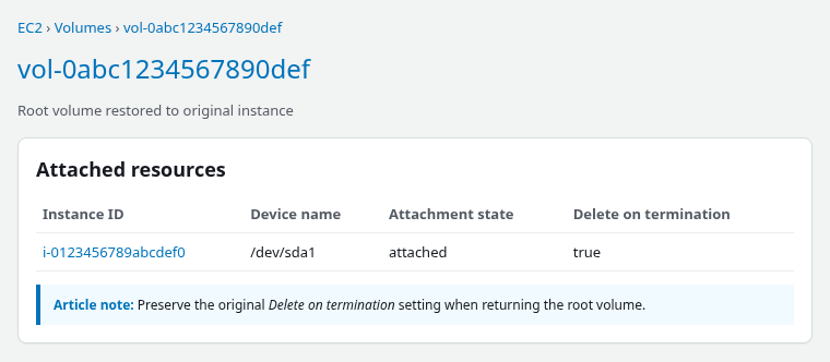 EBS root volume reattached to the original EC2 instance at /dev/sda1