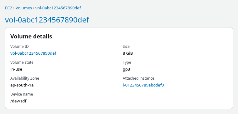 EBS volume details showing 8 GiB gp3 volume attached to the EC2 instance after modify-volume