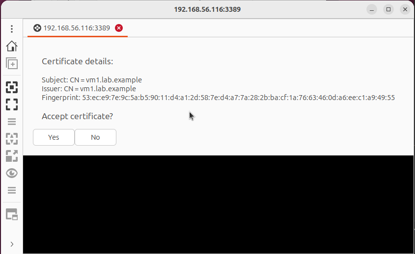 Remmina RDP certificate prompt for GNOME Remote Desktop on RHEL 10 showing the TLS fingerprint for vm1.lab.example on port 3389