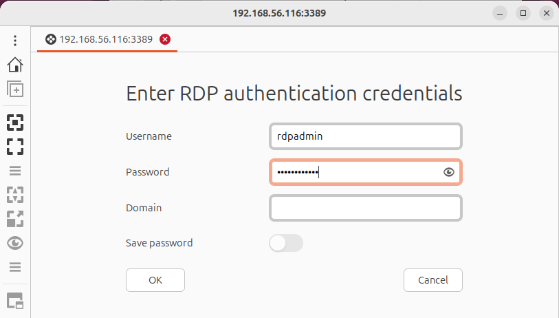 Remmina Enter RDP authentication credentials dialog for GNOME Remote Desktop on RHEL 10 before the GNOME login screen — the same RDP gate step Windows Remote Desktop shows first