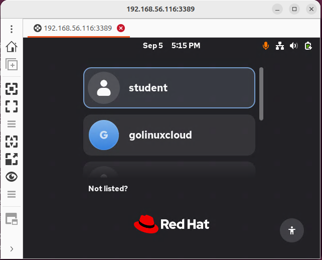 GNOME login screen over RDP on RHEL 10 showing available user accounts after RDP gate authentication