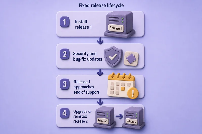 Fixed release lifecycle: install a versioned release, apply security and bug-fix updates during its support period, then upgrade or reinstall when support ends