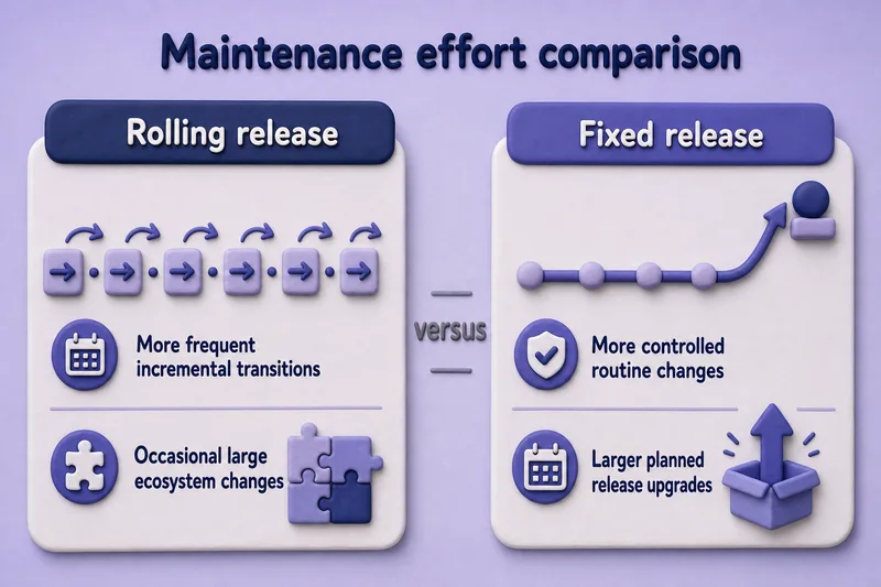 Maintenance effort comparison: rolling releases spread more frequent incremental transitions with occasional large ecosystem changes, while fixed releases keep routine changes smaller and concentrate larger shifts in planned release upgrades