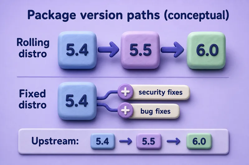 Conceptual package version paths: rolling distributions track upstream version advances while fixed distributions often backport fixes to the supported version