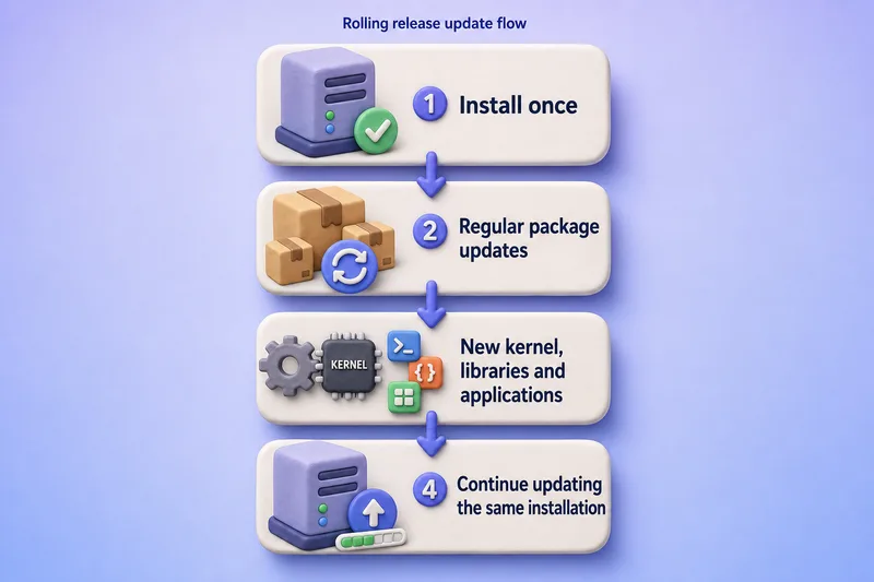 Rolling release update flow: install once, apply regular package updates, receive new kernels libraries and applications, and keep updating the same installation